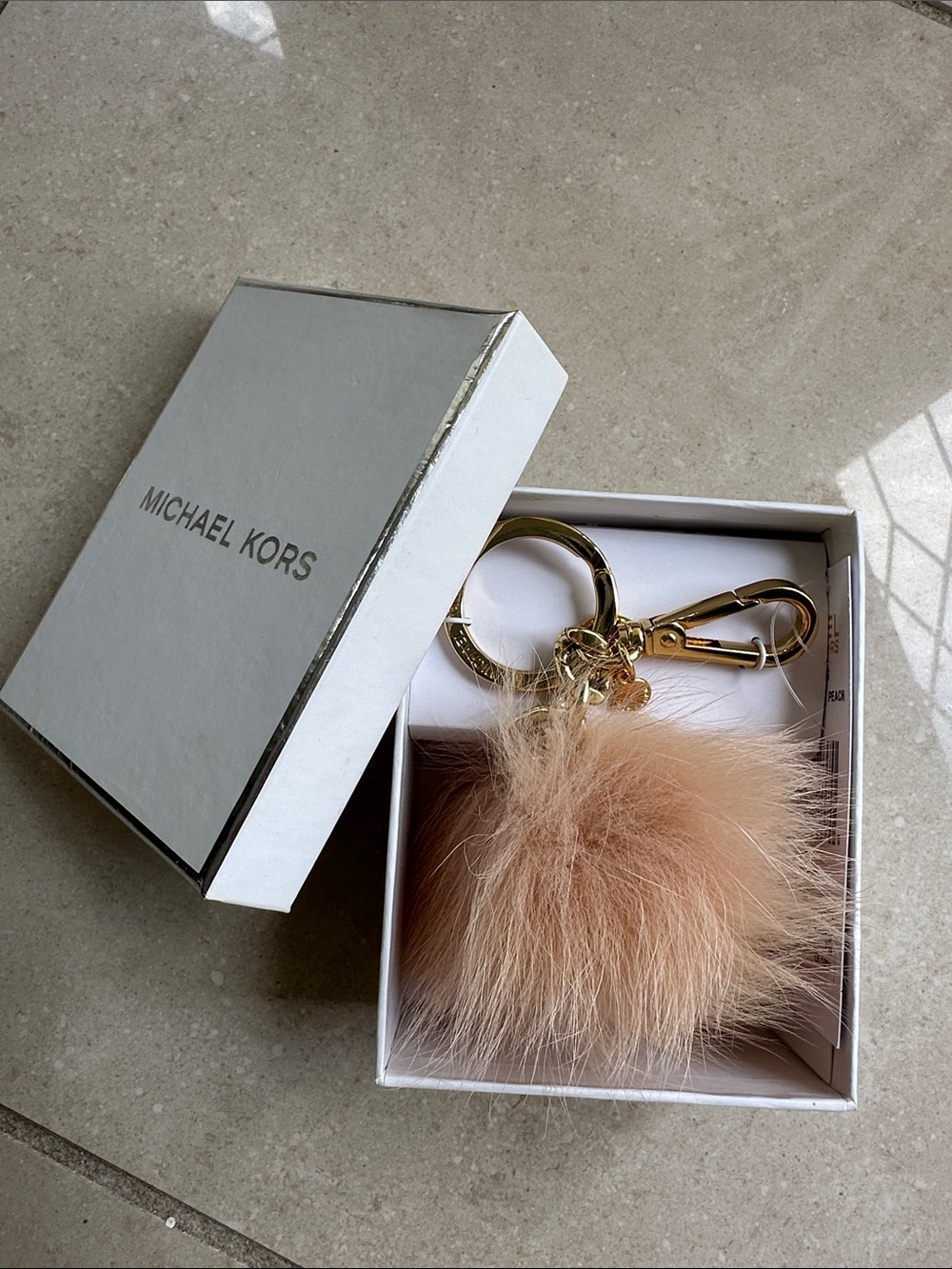 NWT Michael Kors Genuine Fur Pom Pom Keychain Bag Charm Light Peach